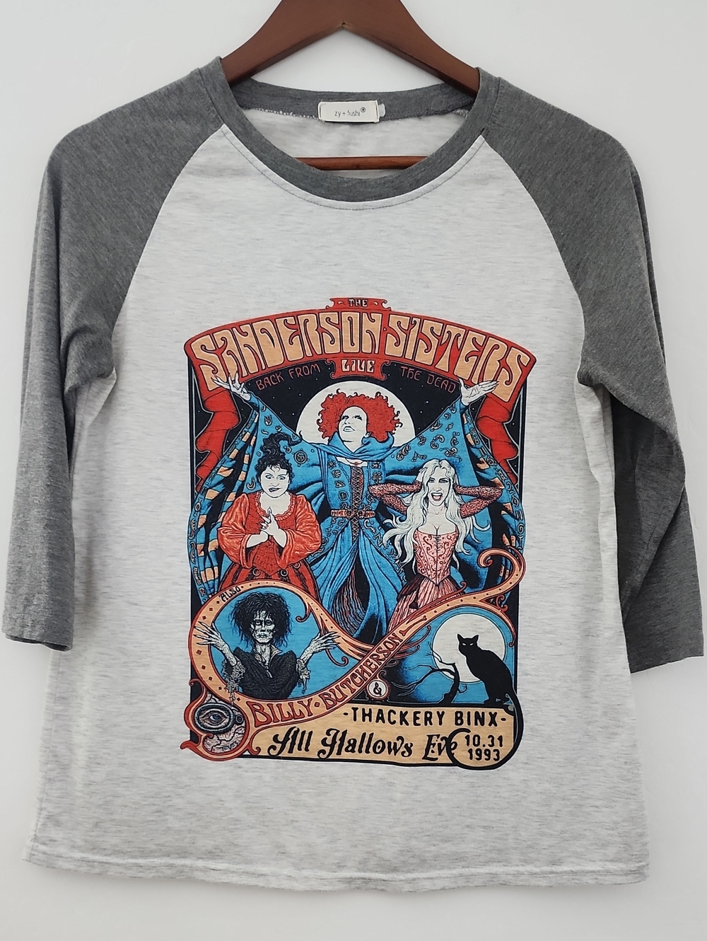 Womens Raglan Hocus Pocus Graphic Tee - Grey/White with Multicolor Print, M